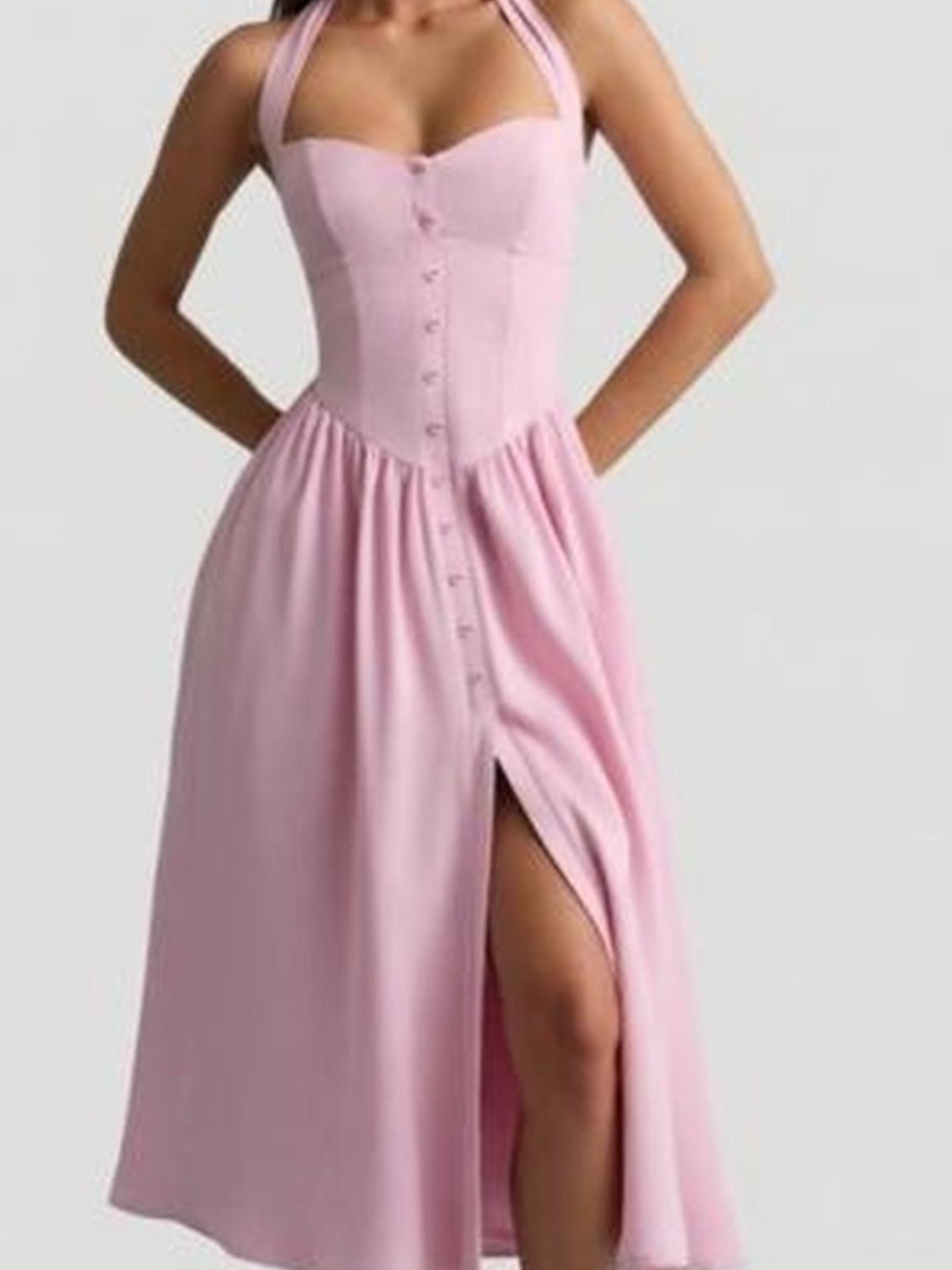 Oh Poly Orlena dress Soft Pink Halter Midi Dress with Front Buttons